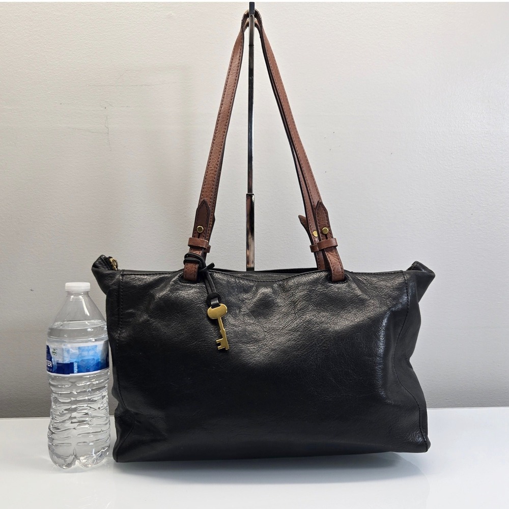Fossil Rachel Tote Bag Large Slouchy Black Leather Brown Trim Heritage Old Money